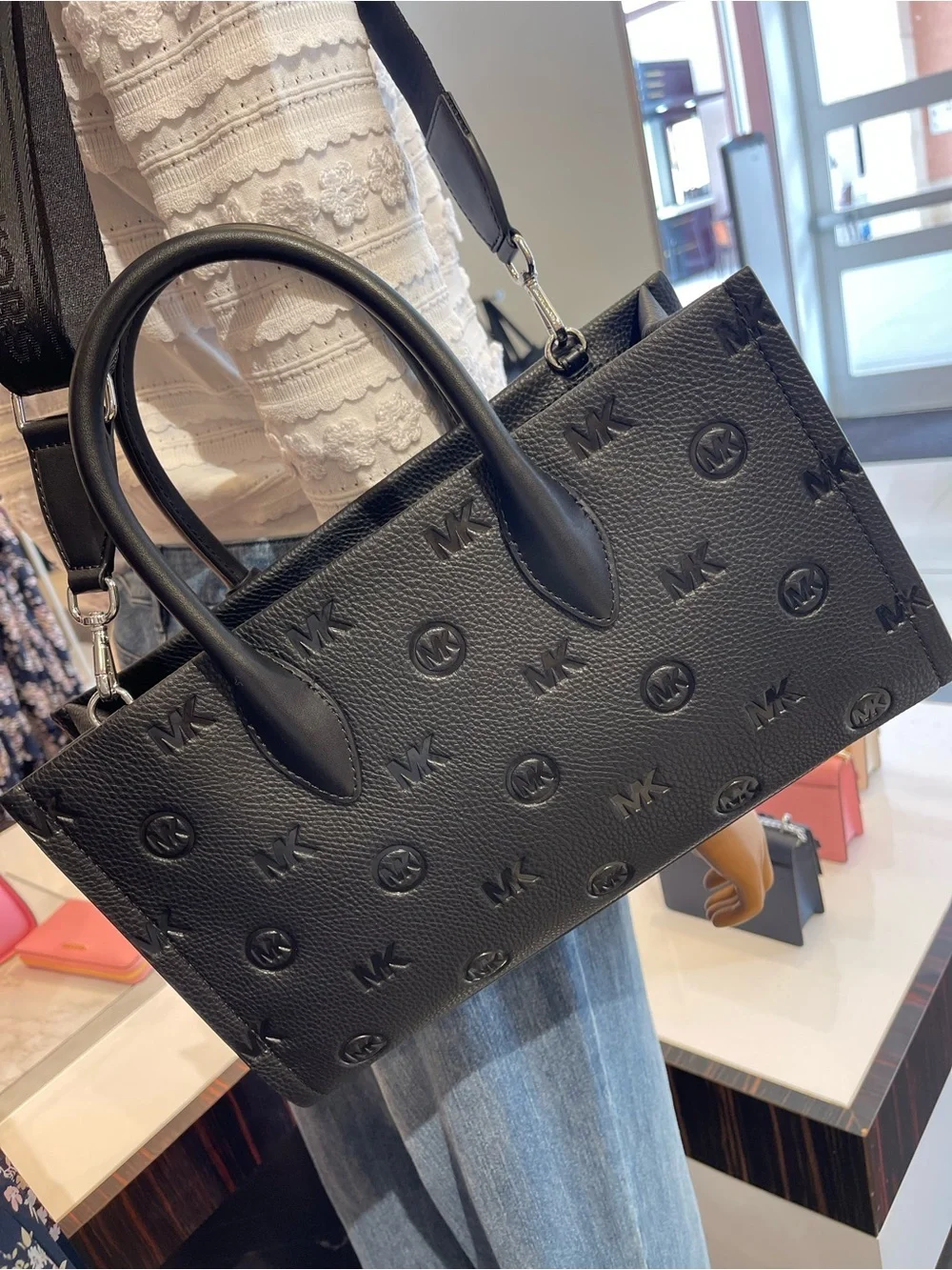 Michael Kors Mirella Md Logo Debossed EW Top Zip Satchel Shoulder Tote Black NWT